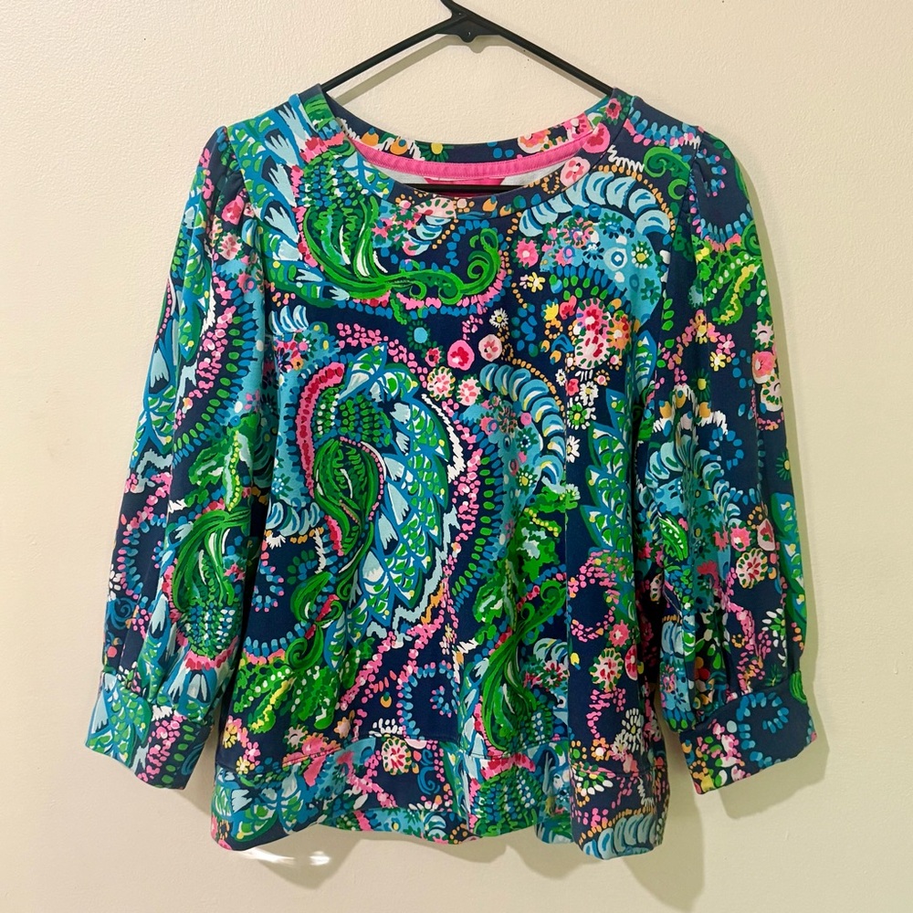 Lilly Pulitzer Lightweight Sweatshirt with Ruched Shoulders, Size L